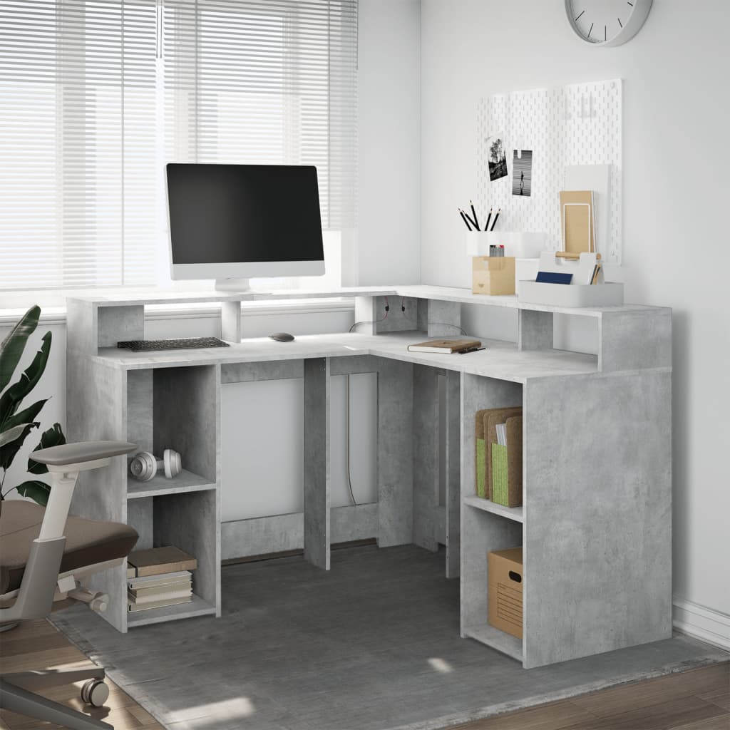 Concrete Grey Desk w/ LED Lights, Engineered Wood, 130x130x91 cm