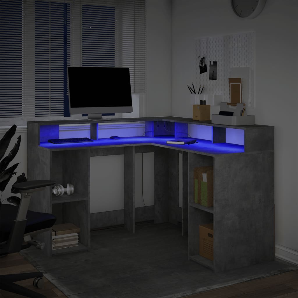 Concrete Grey Desk w/ LED Lights, Engineered Wood, 130x130x91 cm