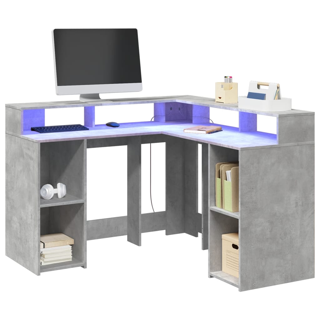 Concrete Grey Desk w/ LED Lights, Engineered Wood, 130x130x91 cm