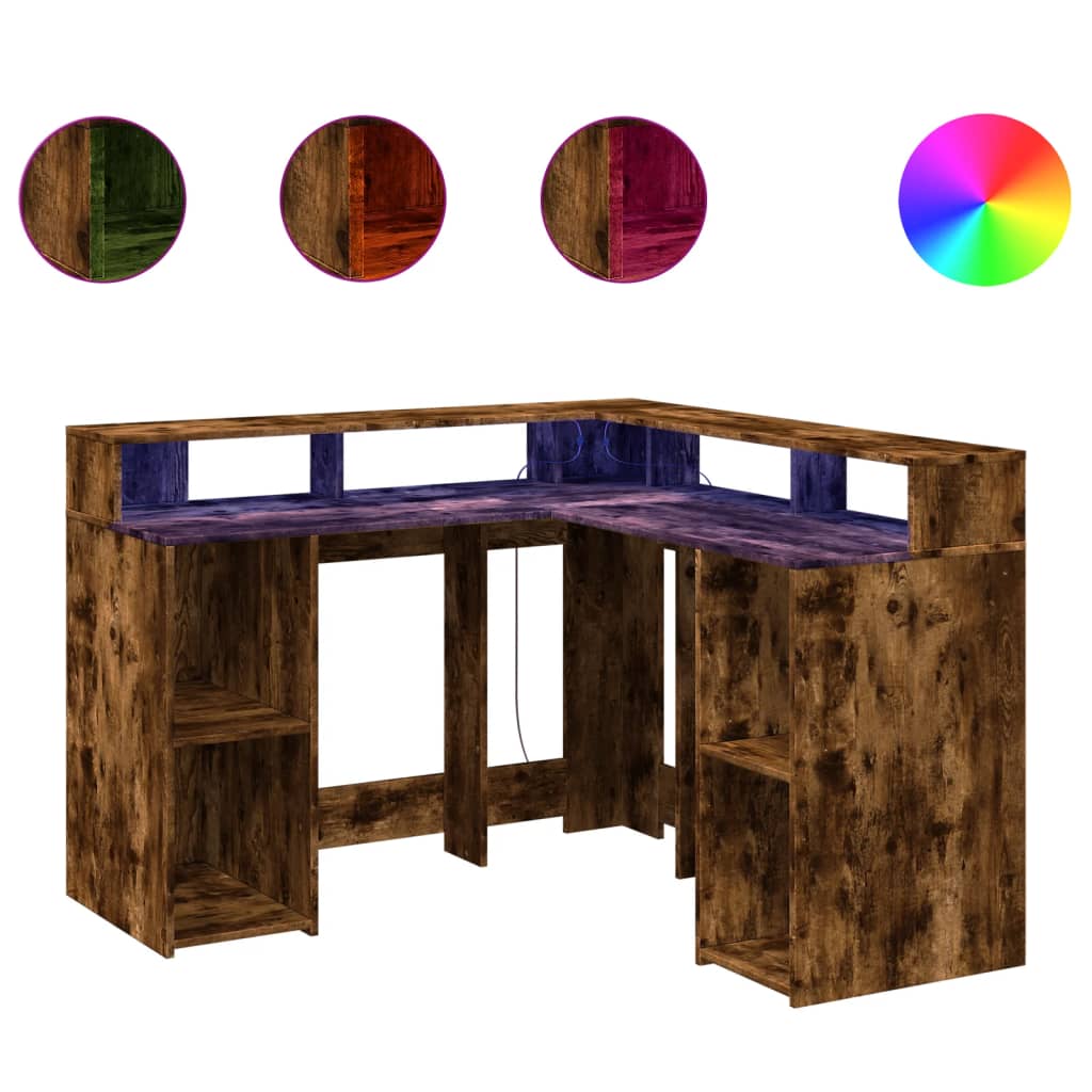 Smoked Oak LED Desk 130x130x91 cm - Engineered Wood Elegance