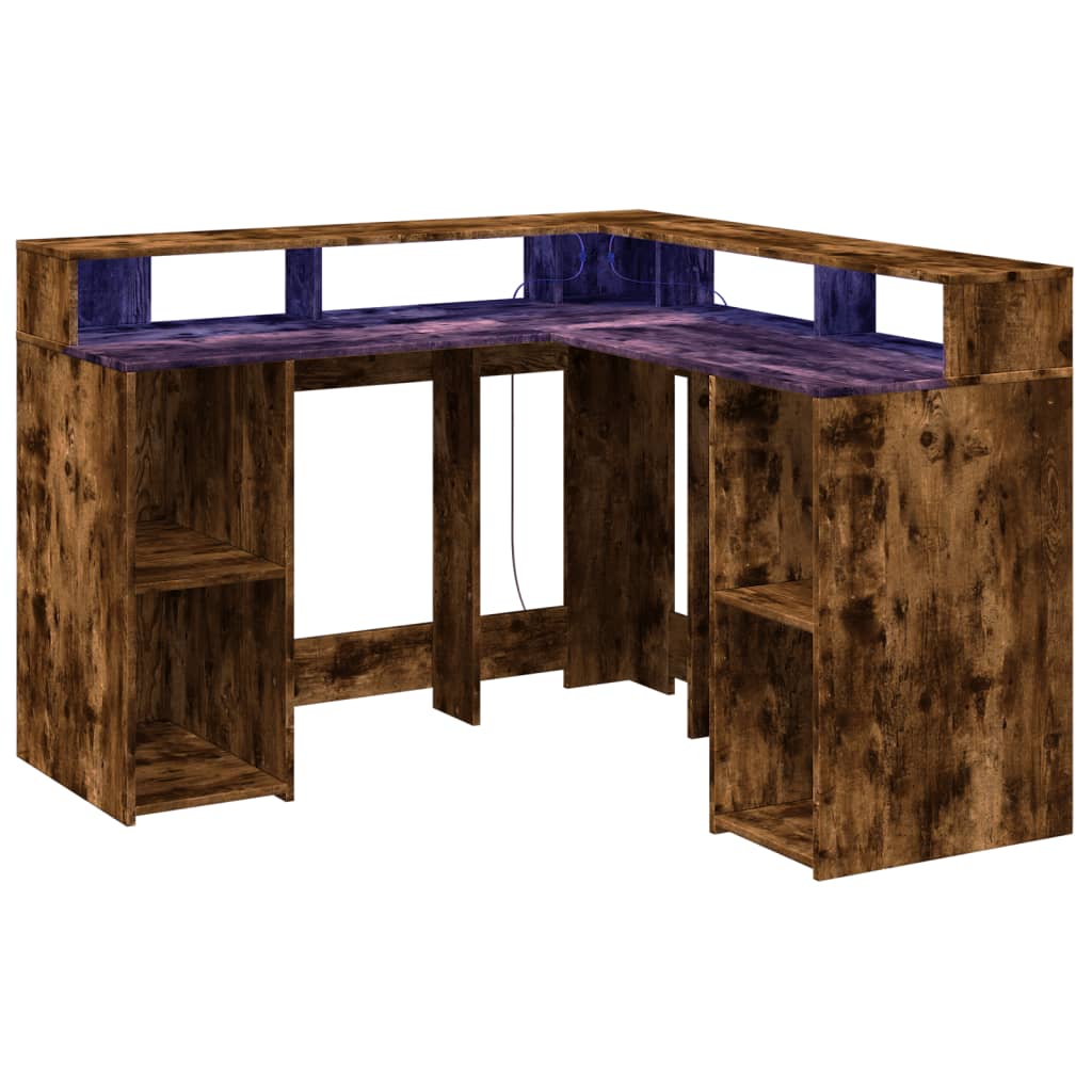 Smoked Oak LED Desk 130x130x91 cm - Engineered Wood Elegance
