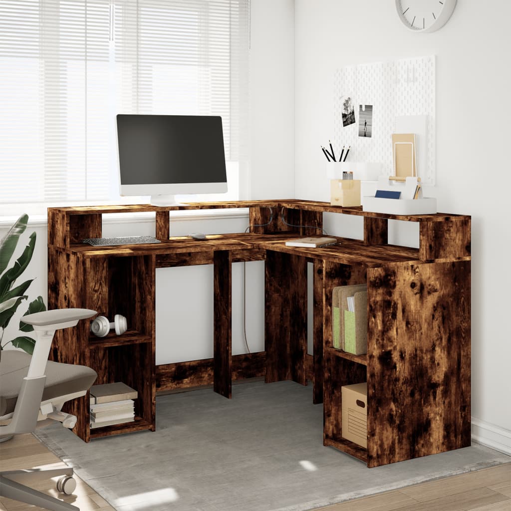 Smoked Oak LED Desk 130x130x91 cm - Engineered Wood Elegance