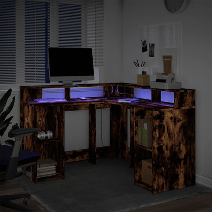Smoked Oak LED Desk 130x130x91 cm - Engineered Wood Elegance
