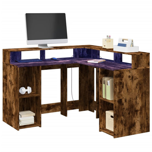 Smoked Oak LED Desk 130x130x91 cm - Engineered Wood Elegance