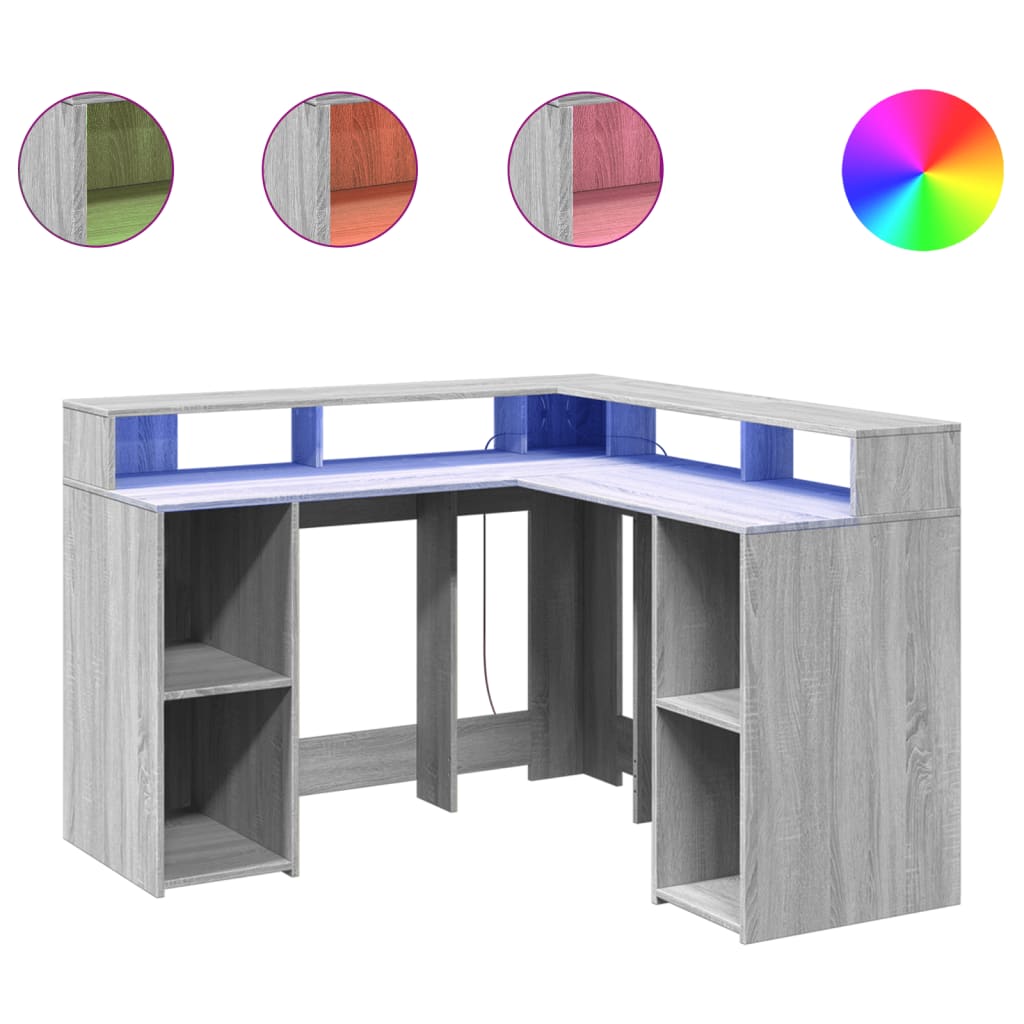Grey Sonoma Engineered Wood Desk 130x130x91 cm with LED Lights