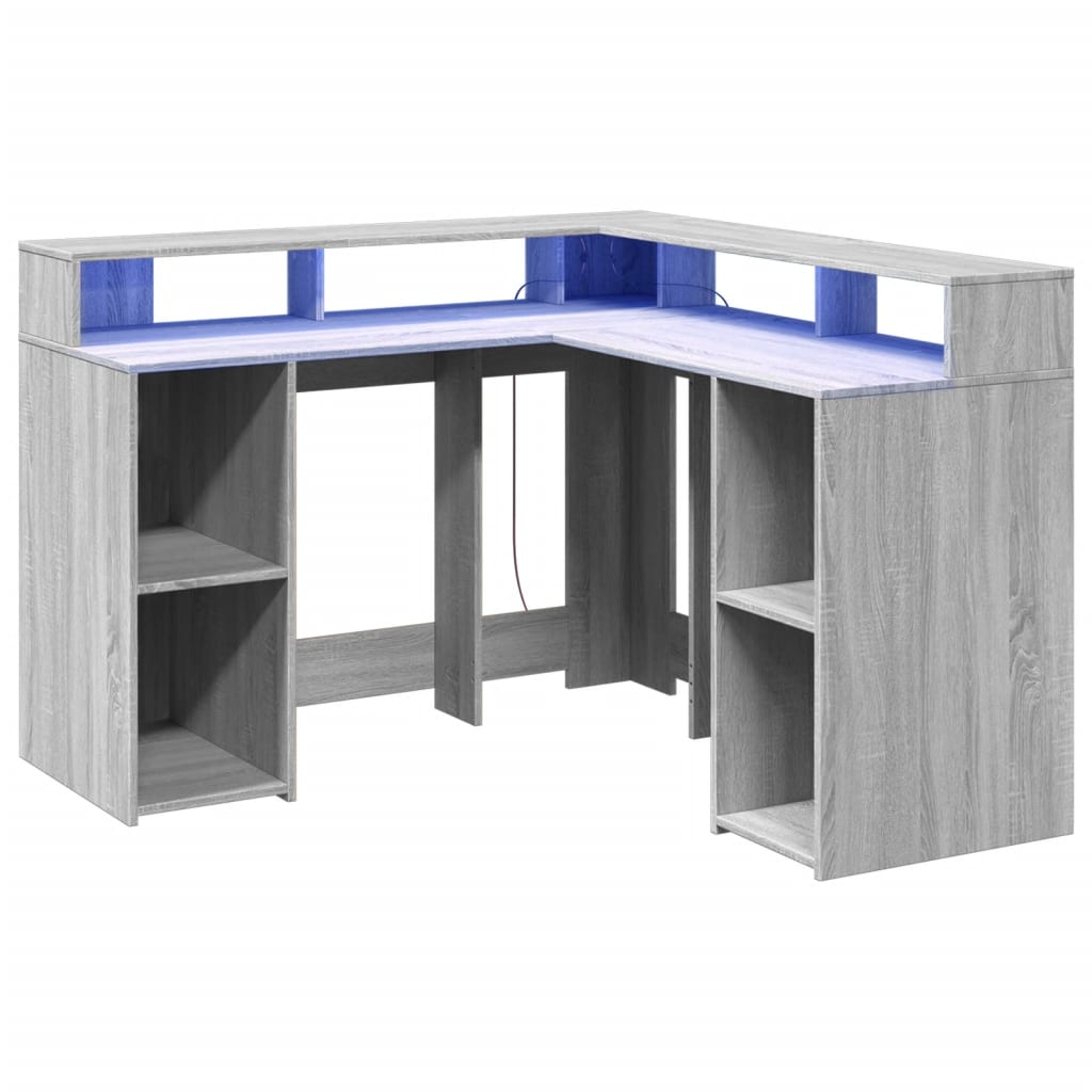 Grey Sonoma Engineered Wood Desk 130x130x91 cm with LED Lights