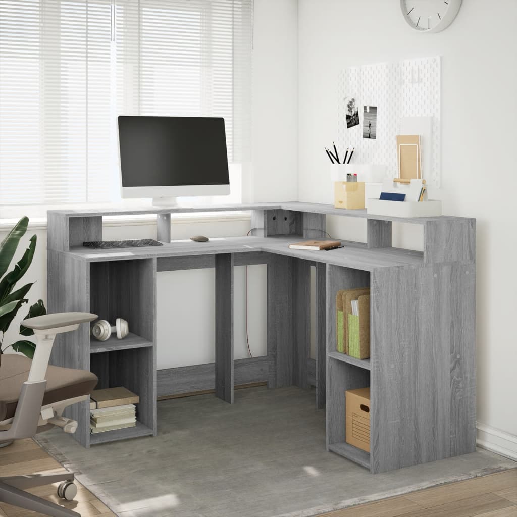 Grey Sonoma Engineered Wood Desk 130x130x91 cm with LED Lights