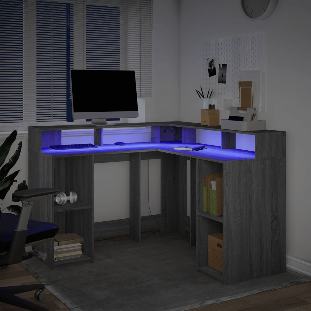 Grey Sonoma Engineered Wood Desk 130x130x91 cm with LED Lights