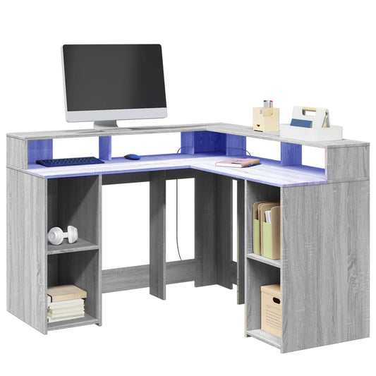 Grey Sonoma Engineered Wood Desk 130x130x91 cm with LED Lights