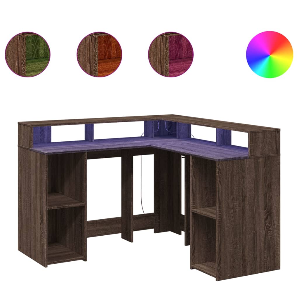 Brown Oak Engineered Wood Desk with LED Lights, 130x130x91 cm