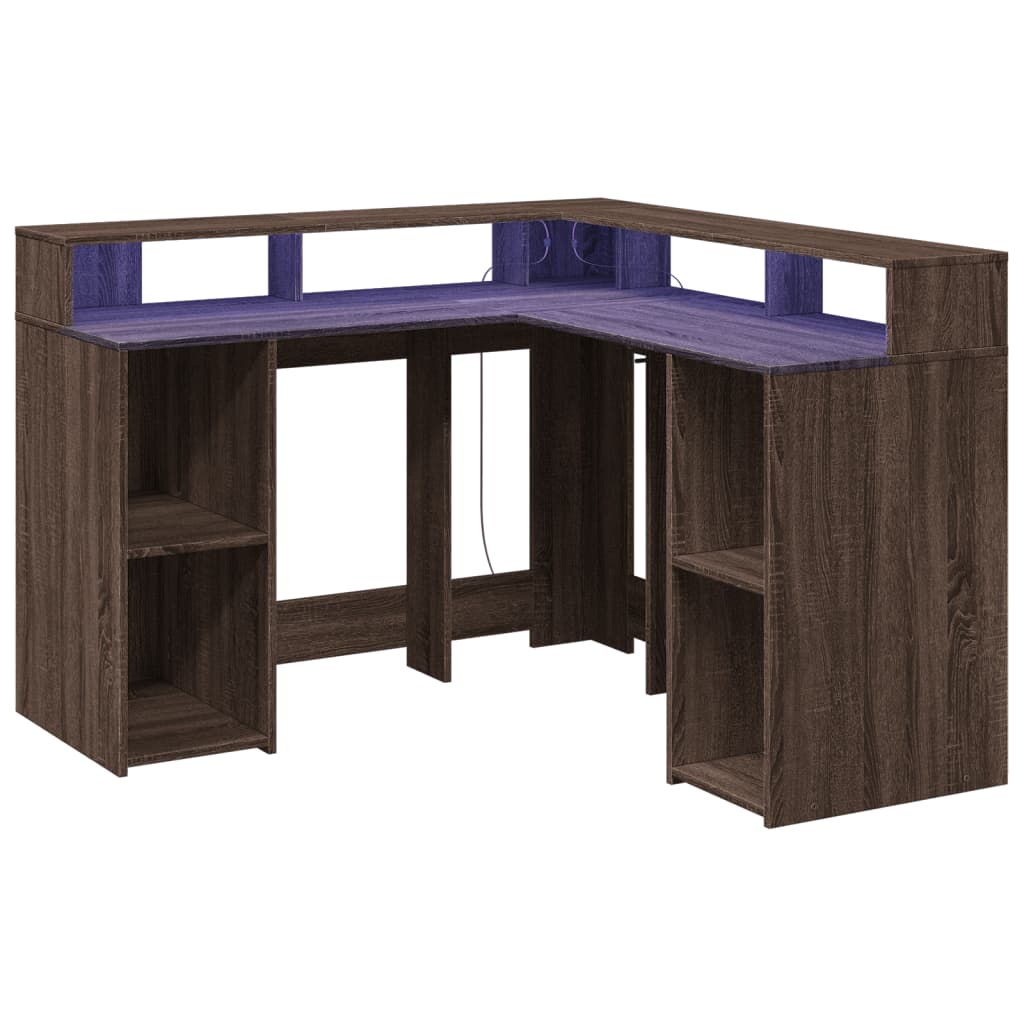 Brown Oak Engineered Wood Desk with LED Lights, 130x130x91 cm