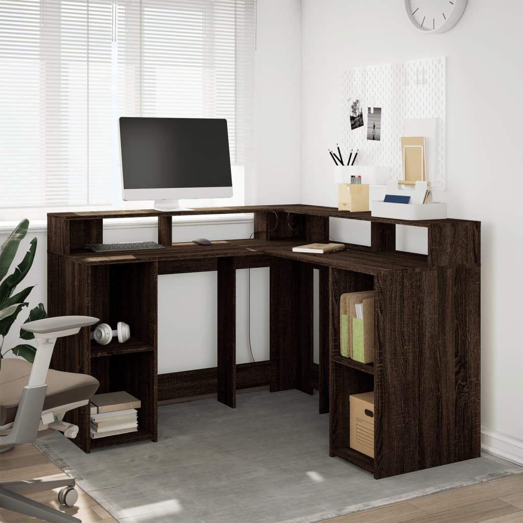 Brown Oak Engineered Wood Desk with LED Lights, 130x130x91 cm