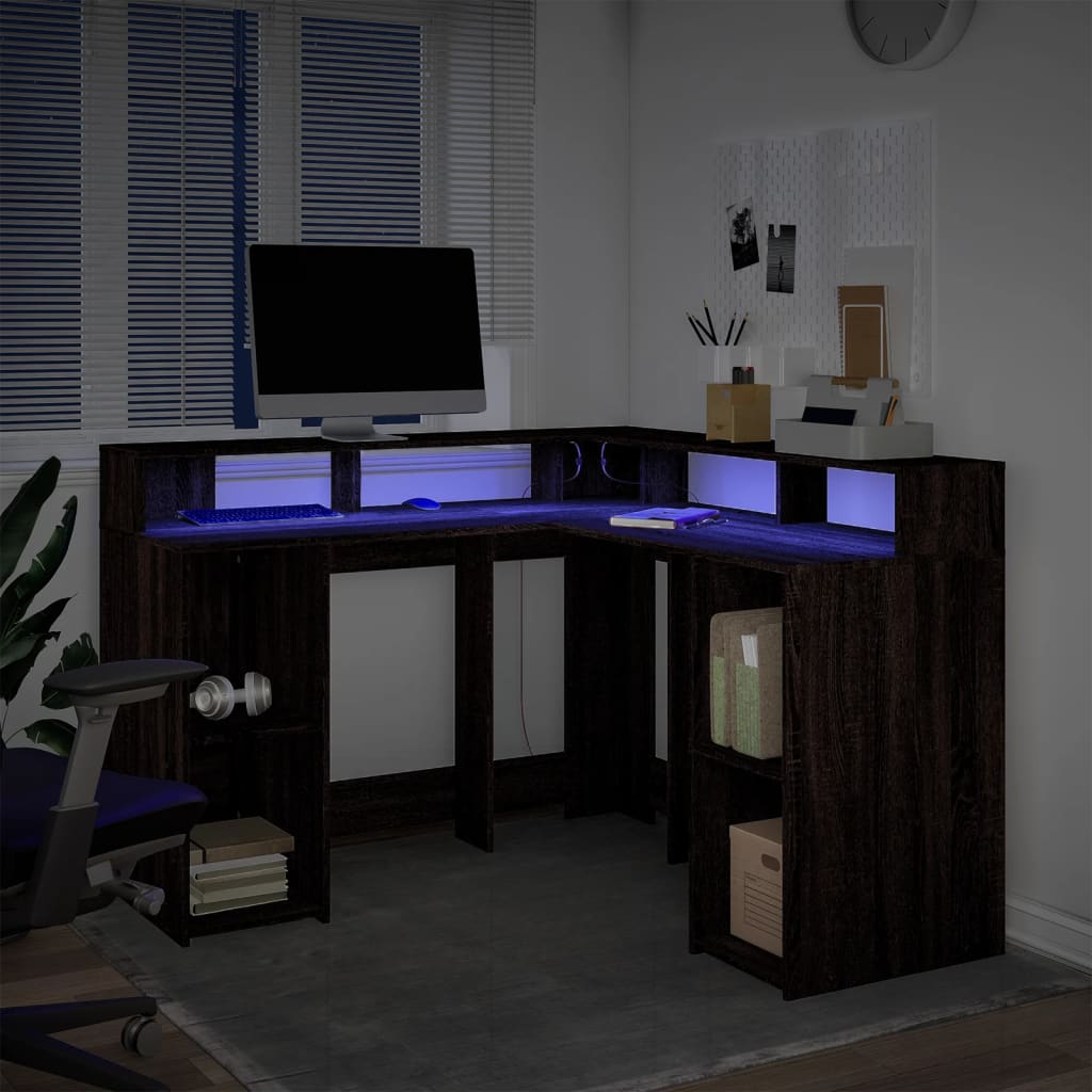 Brown Oak Engineered Wood Desk with LED Lights, 130x130x91 cm