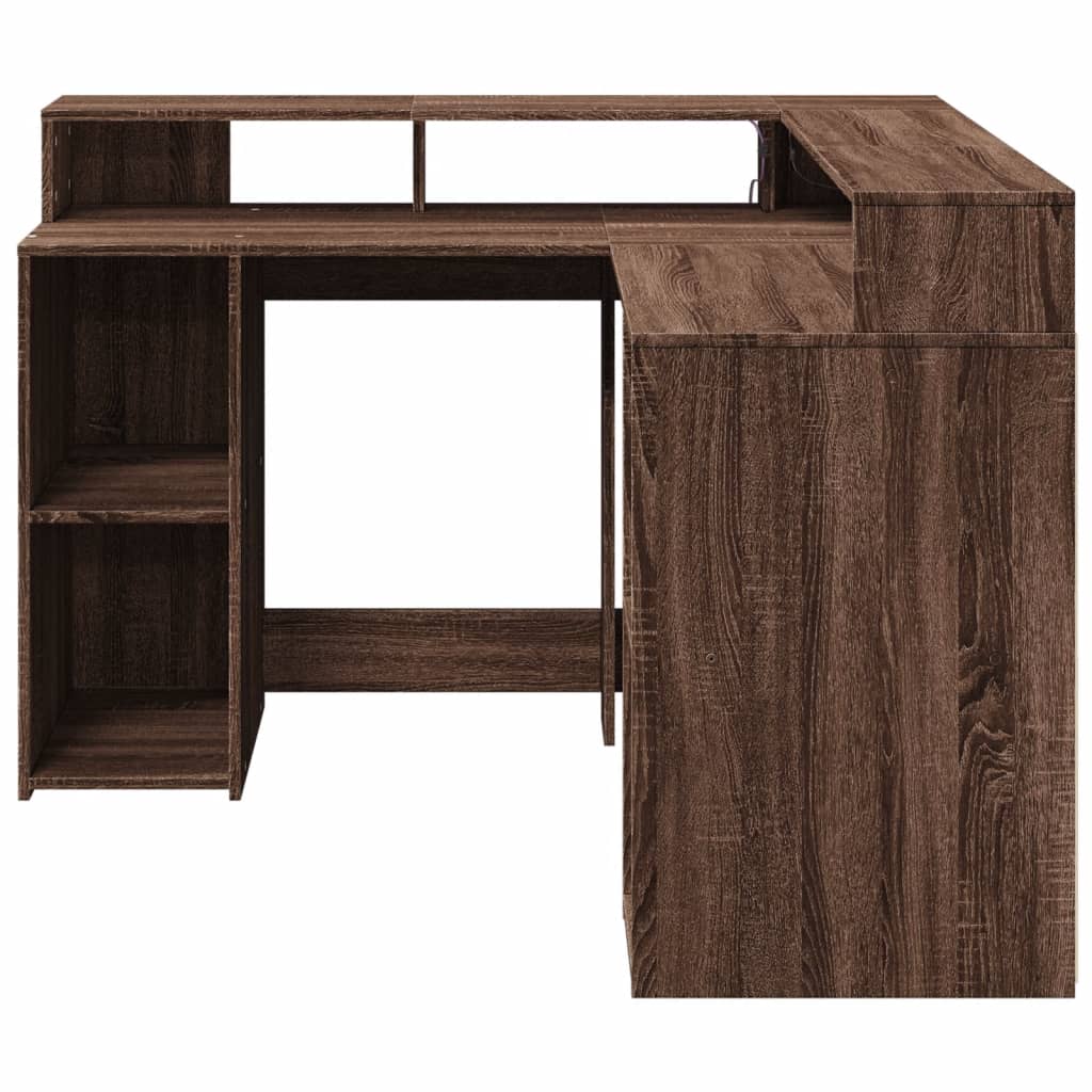 Brown Oak Engineered Wood Desk with LED Lights, 130x130x91 cm