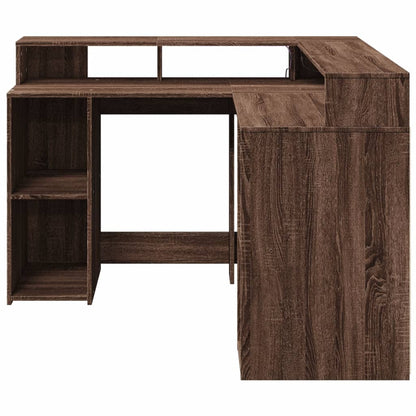 Brown Oak Engineered Wood Desk with LED Lights, 130x130x91 cm