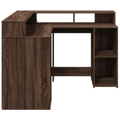 Brown Oak Engineered Wood Desk with LED Lights, 130x130x91 cm