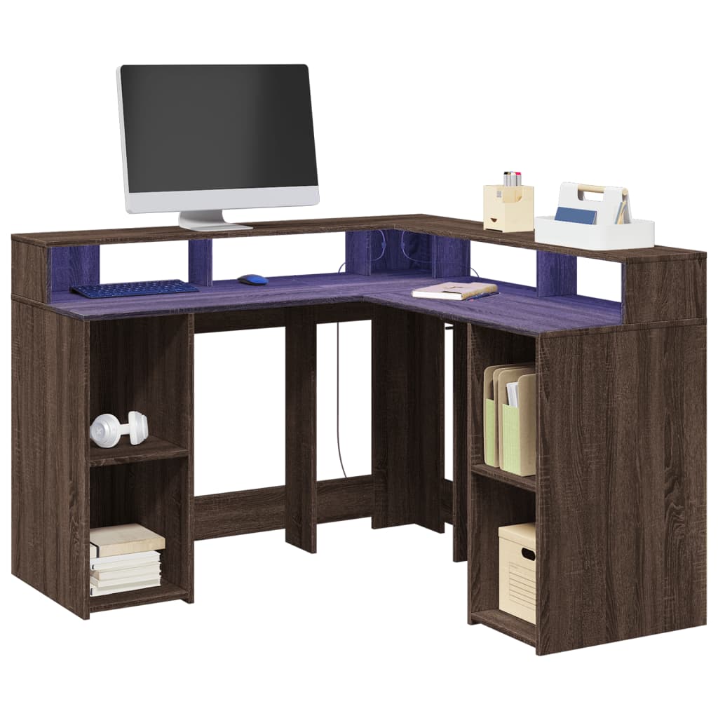 Brown Oak Engineered Wood Desk with LED Lights, 130x130x91 cm