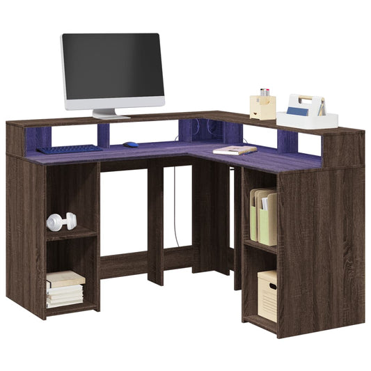 Brown Oak Engineered Wood Desk with LED Lights, 130x130x91 cm