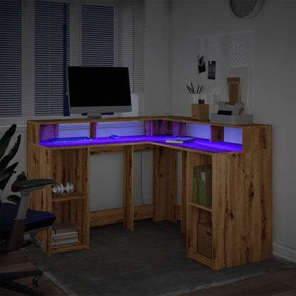 LED-Lit Artisan Oak Desk, 130x130x91 cm, Engineered Wood