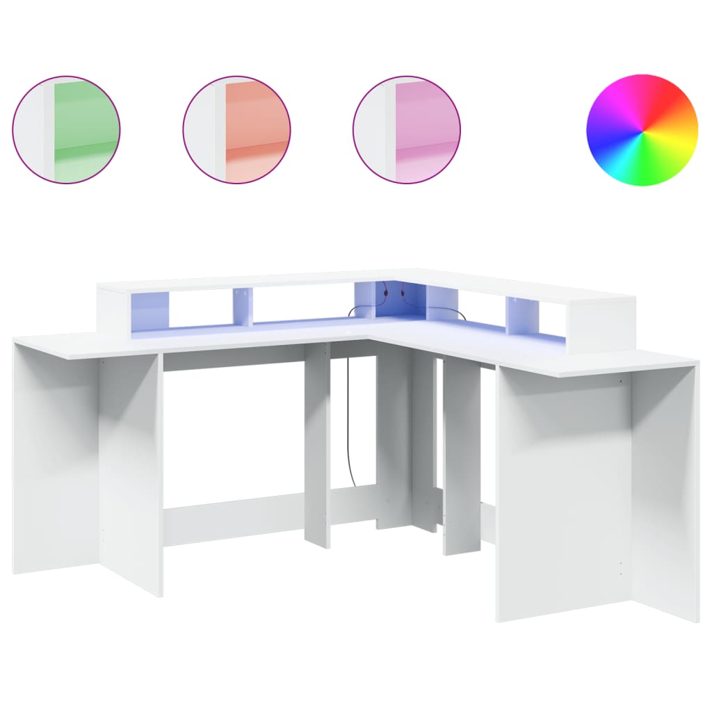 White Engineered Wood Desk with LED Lights, 152x152x91 cm