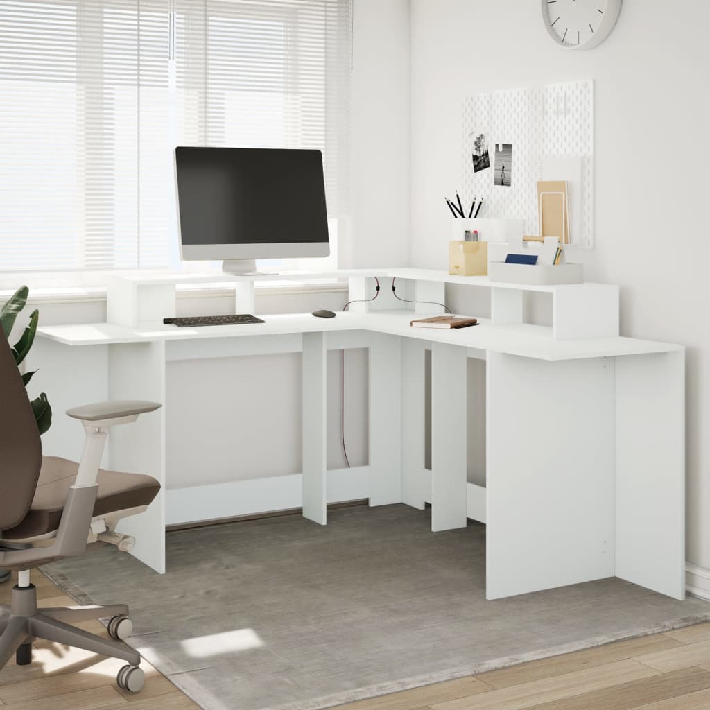 White Engineered Wood Desk with LED Lights, 152x152x91 cm