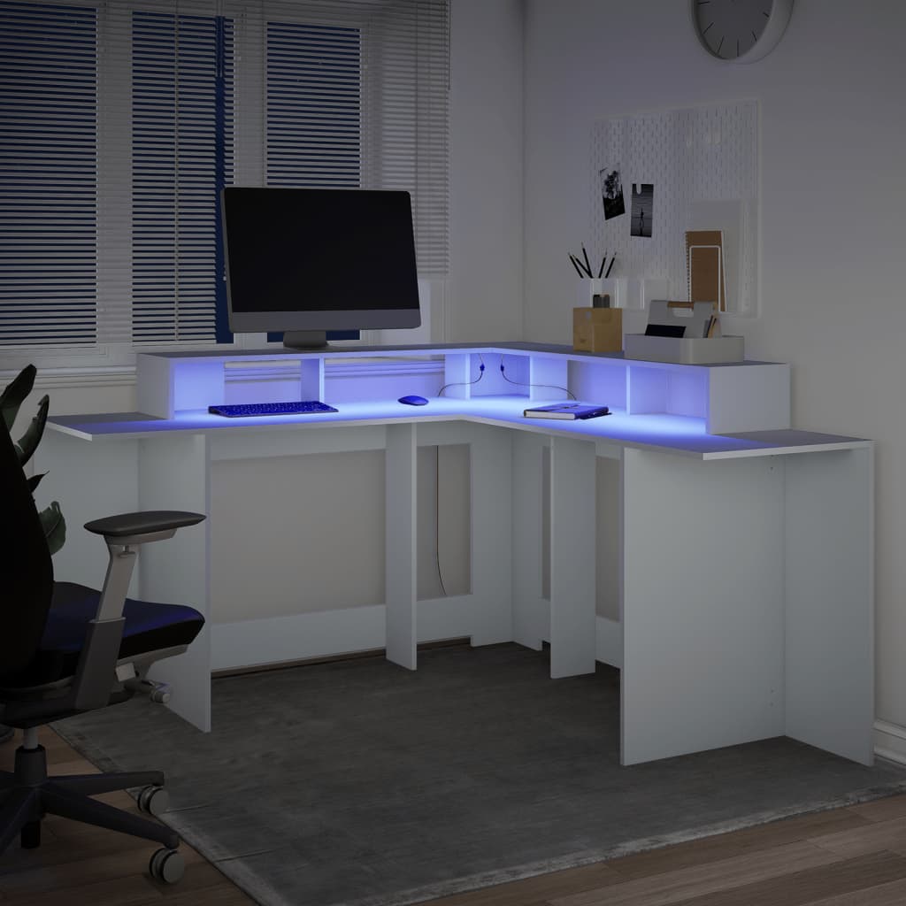 White Engineered Wood Desk with LED Lights, 152x152x91 cm