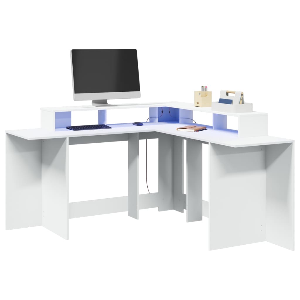 White Engineered Wood Desk with LED Lights, 152x152x91 cm