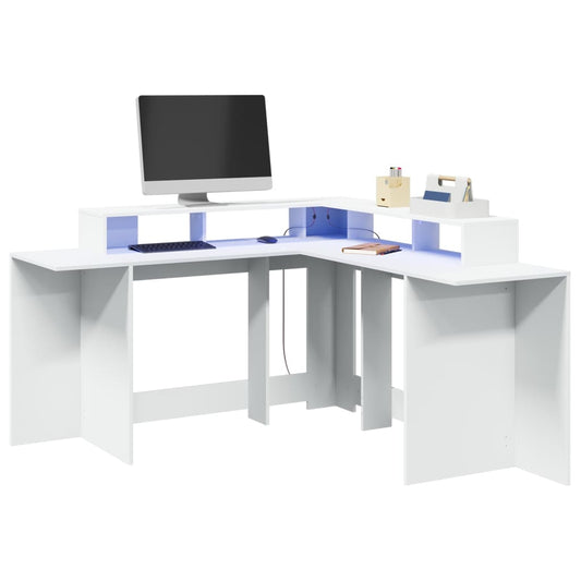 White Engineered Wood Desk with LED Lights, 152x152x91 cm