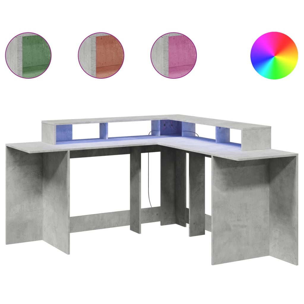 Concrete Grey Engineered Wood Desk with LED Lights, 152x152x91 cm