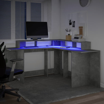 Concrete Grey Engineered Wood Desk with LED Lights, 152x152x91 cm