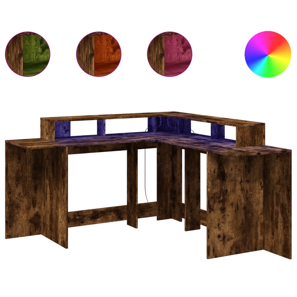 Smoked Oak Engineered Wood Desk with LED Lights, 152x152x91 cm