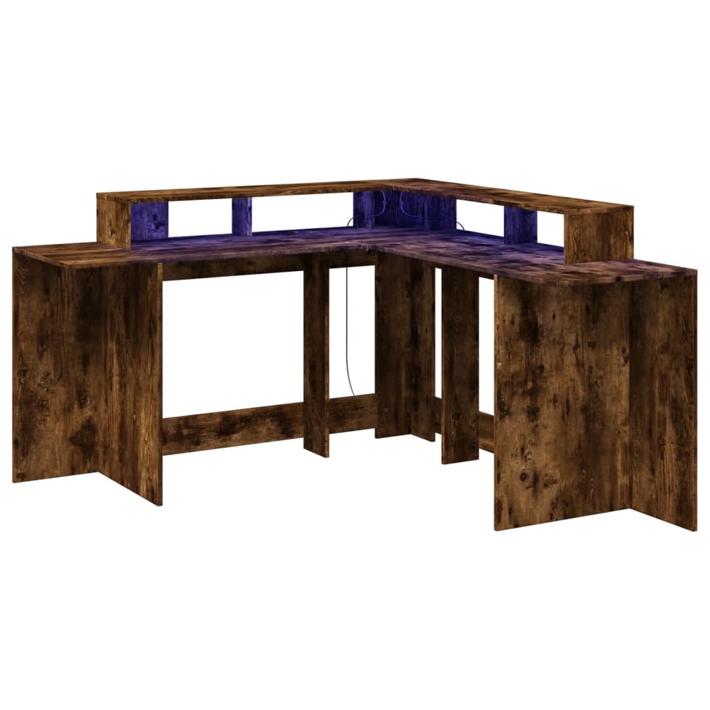 Smoked Oak Engineered Wood Desk with LED Lights, 152x152x91 cm