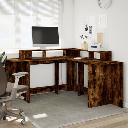 Smoked Oak Engineered Wood Desk with LED Lights, 152x152x91 cm