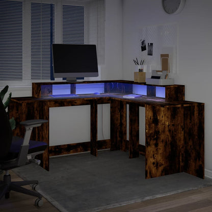 Smoked Oak Engineered Wood Desk with LED Lights, 152x152x91 cm