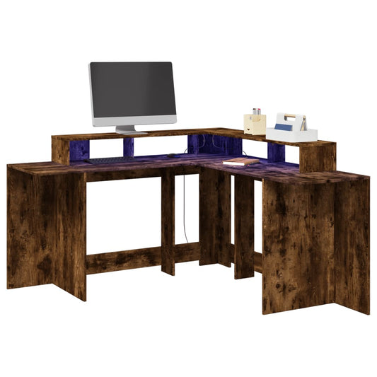 Smoked Oak Engineered Wood Desk with LED Lights, 152x152x91 cm