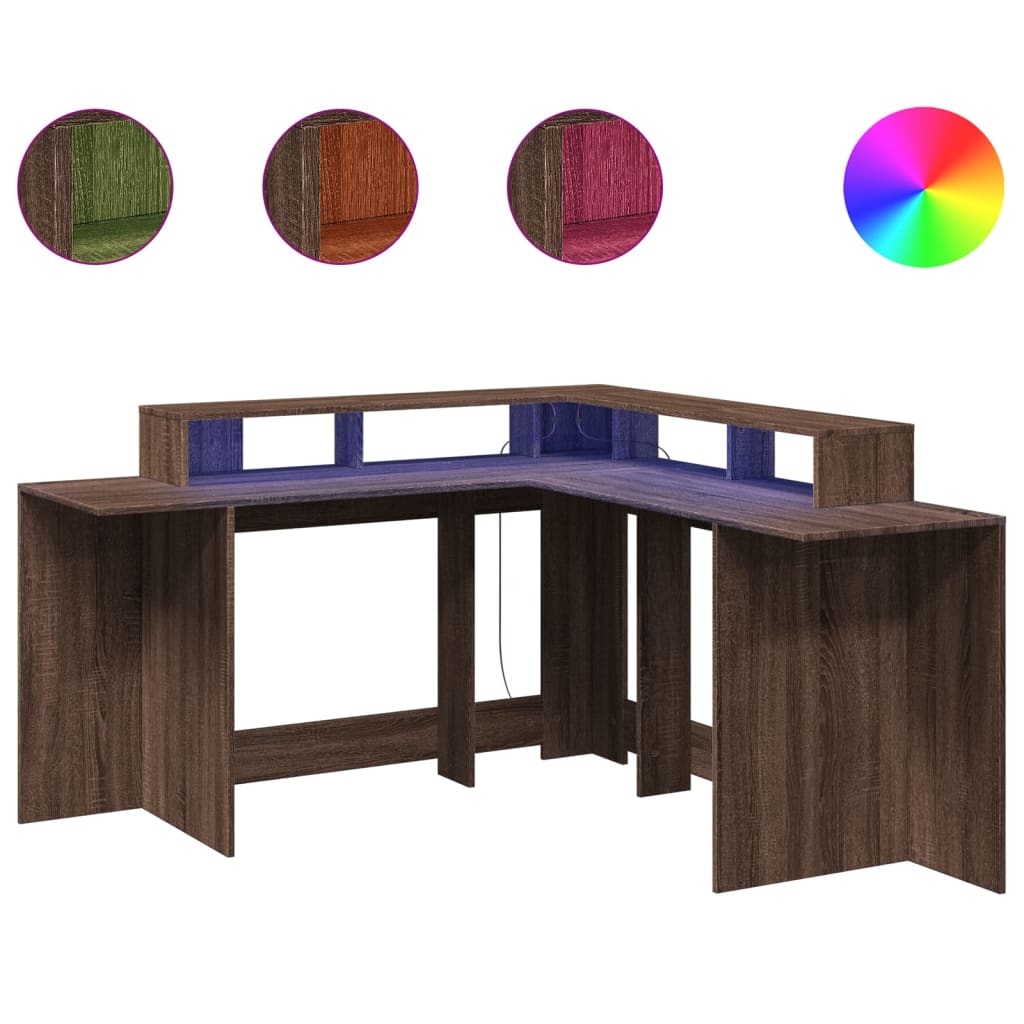 Brown Oak Desk with LED Lights, 152x152x91 cm, Engineered Wood