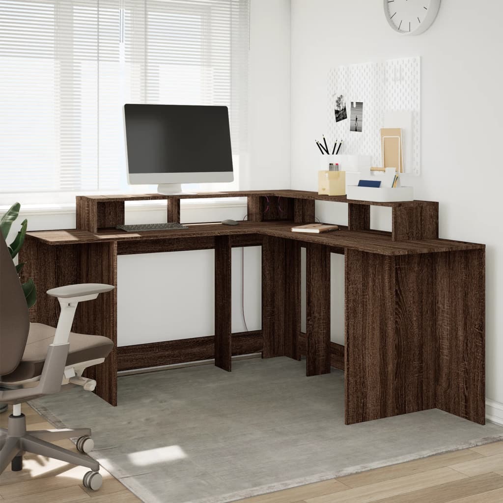 Brown Oak Desk with LED Lights, 152x152x91 cm, Engineered Wood