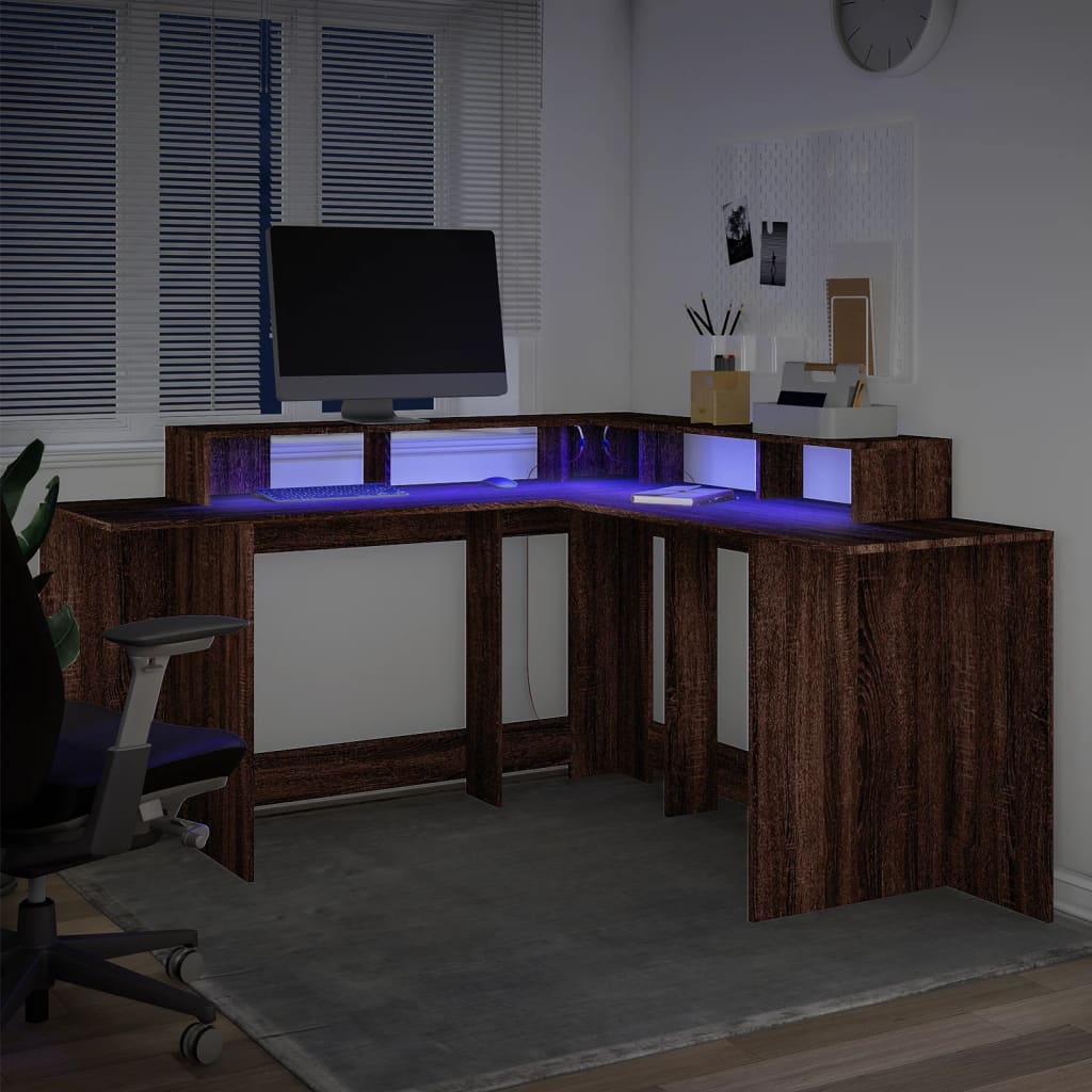 Brown Oak Desk with LED Lights, 152x152x91 cm, Engineered Wood
