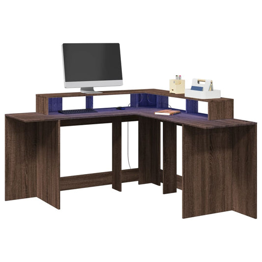 Brown Oak Desk with LED Lights, 152x152x91 cm, Engineered Wood