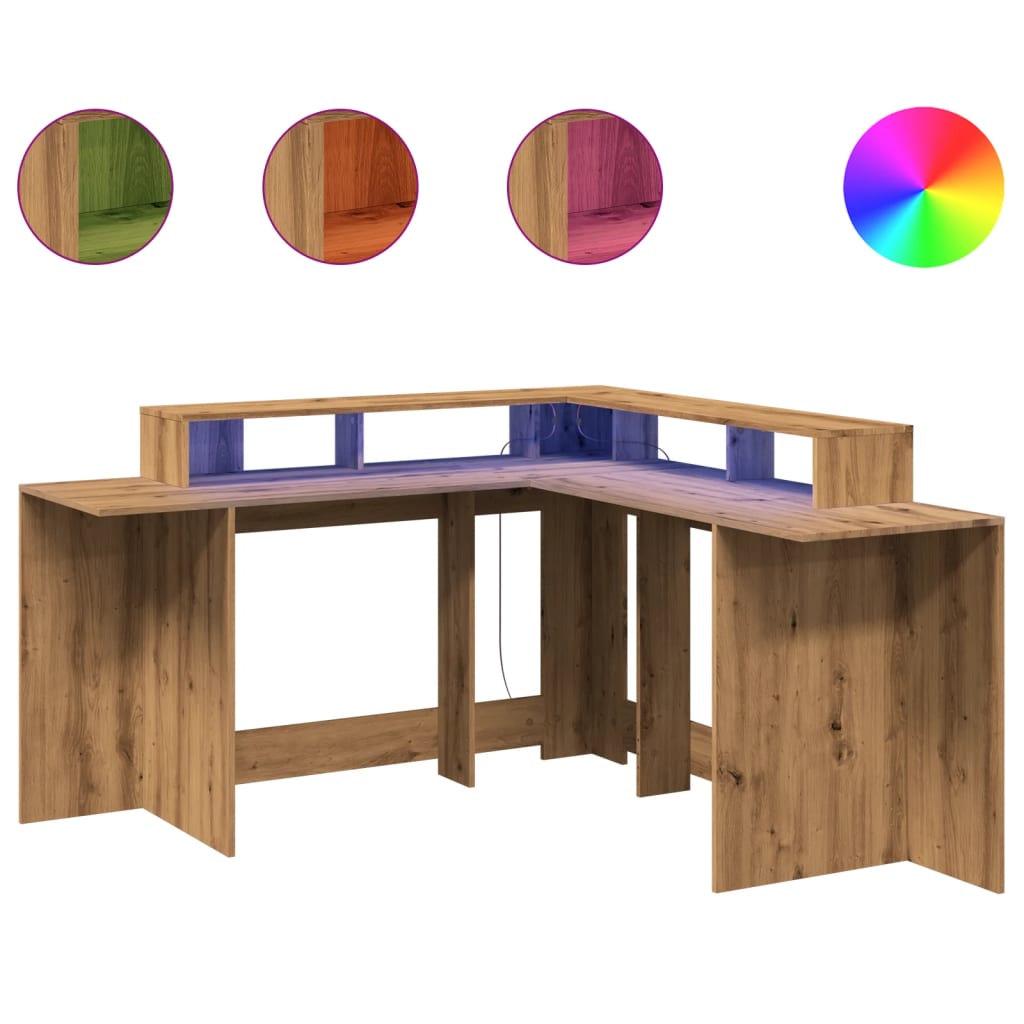 Artisan Oak Desk with LED Lights, 152x152x91 cm, Engineered Wood