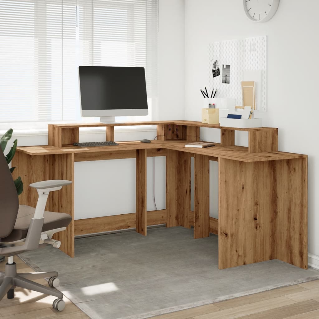 Artisan Oak Desk with LED Lights, 152x152x91 cm, Engineered Wood