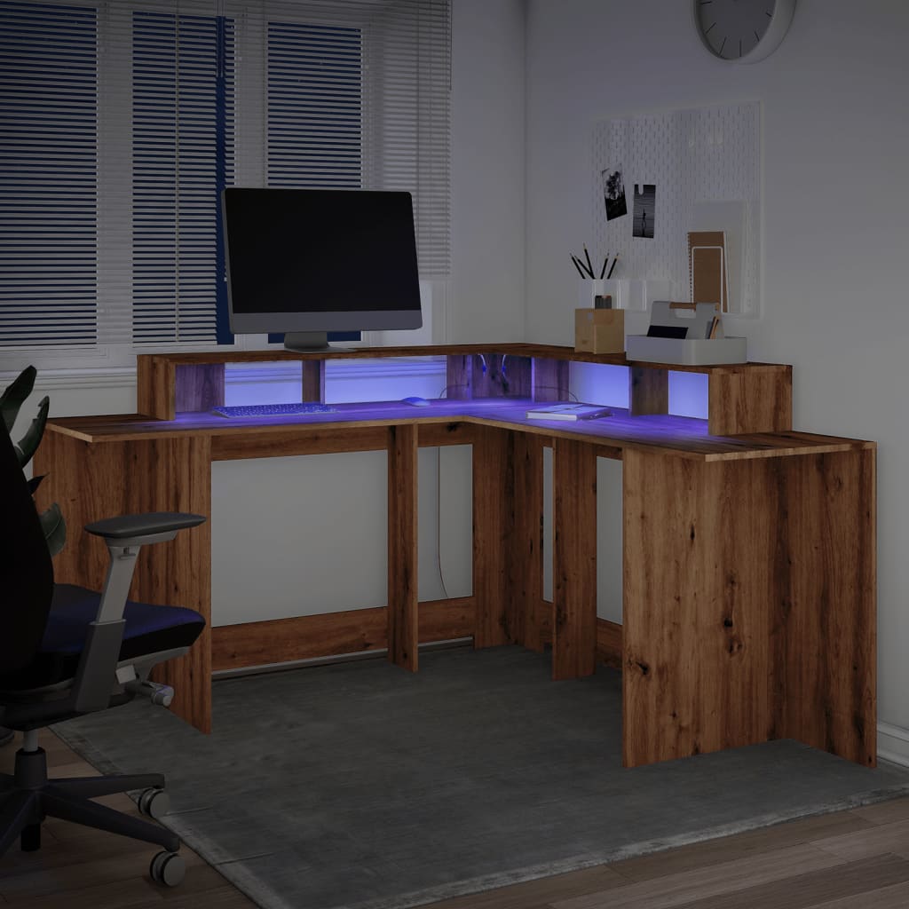 Artisan Oak Desk with LED Lights, 152x152x91 cm, Engineered Wood
