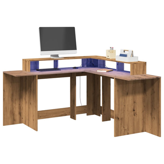 Artisan Oak Desk with LED Lights, 152x152x91 cm, Engineered Wood