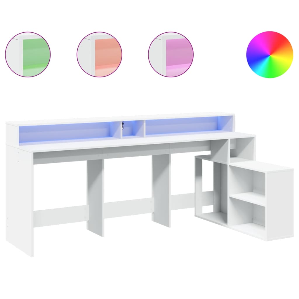 White Engineered Wood Desk with LED Lights - 200x104x91 cm