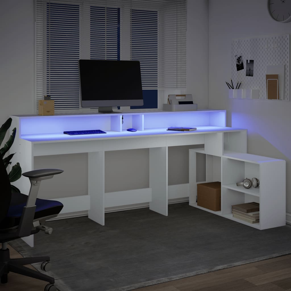 White Engineered Wood Desk with LED Lights - 200x104x91 cm