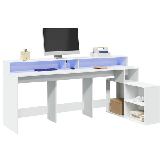 White Engineered Wood Desk with LED Lights - 200x104x91 cm
