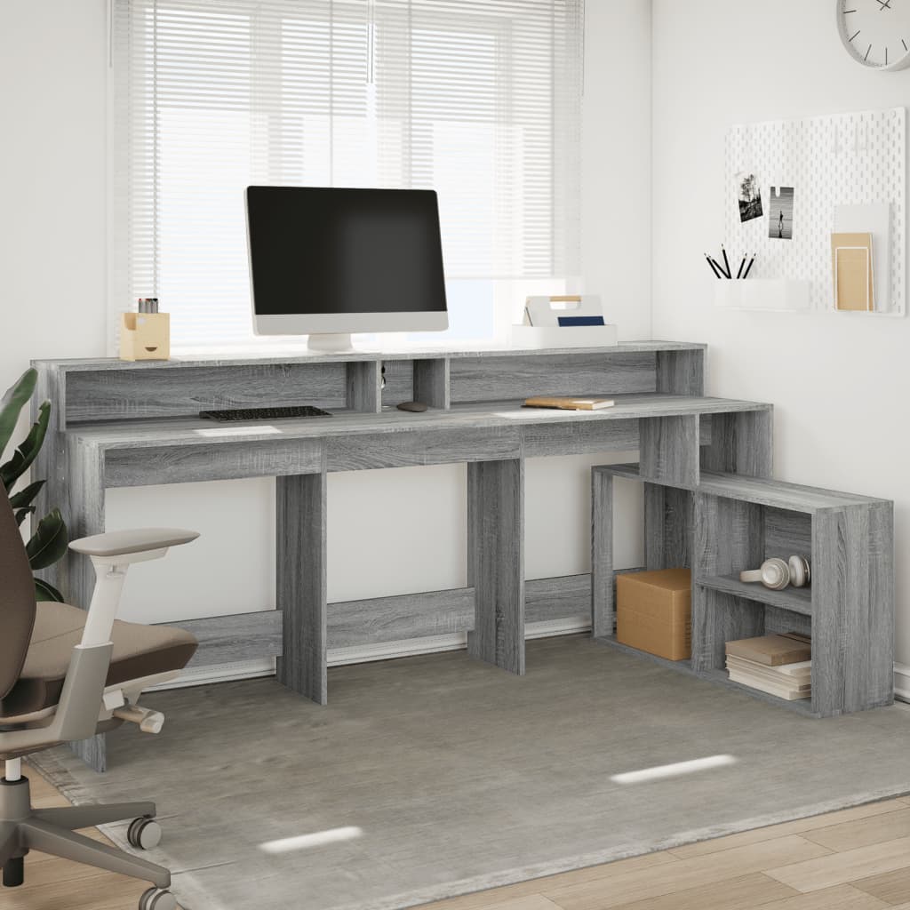 Grey Sonoma Engineered Wood Desk with LED Lights - 200x104x91 cm