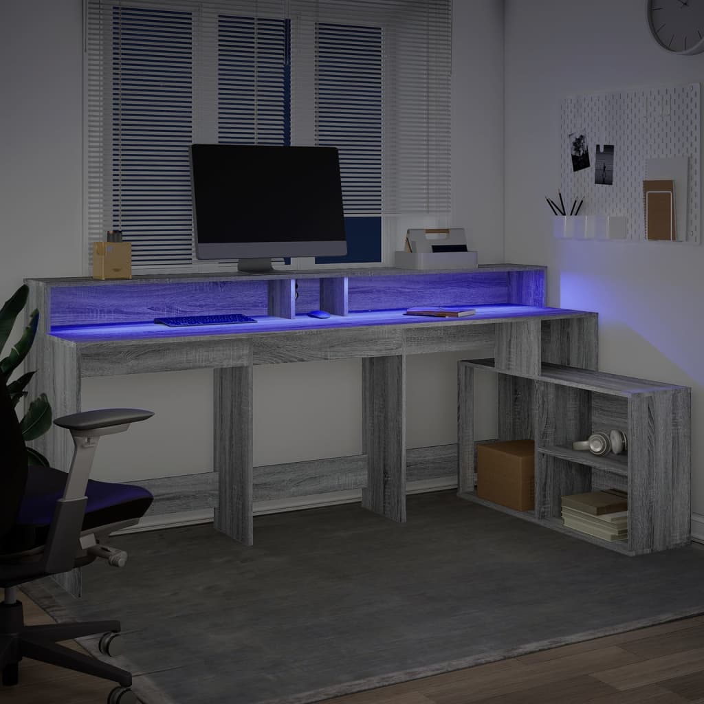 Grey Sonoma Engineered Wood Desk with LED Lights - 200x104x91 cm