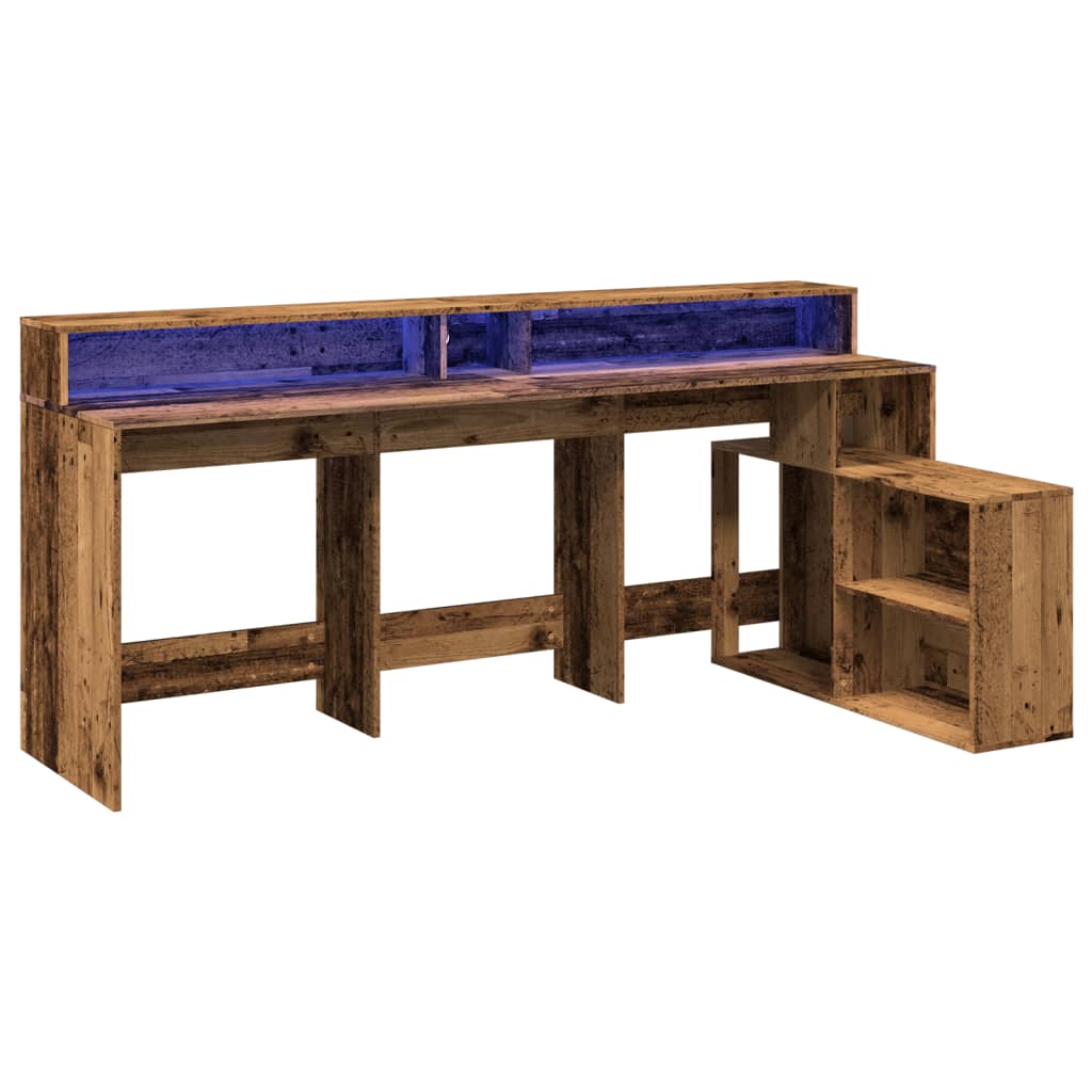 Rustic Engineered Wood Desk with LED Lights, 200x104x91 cm