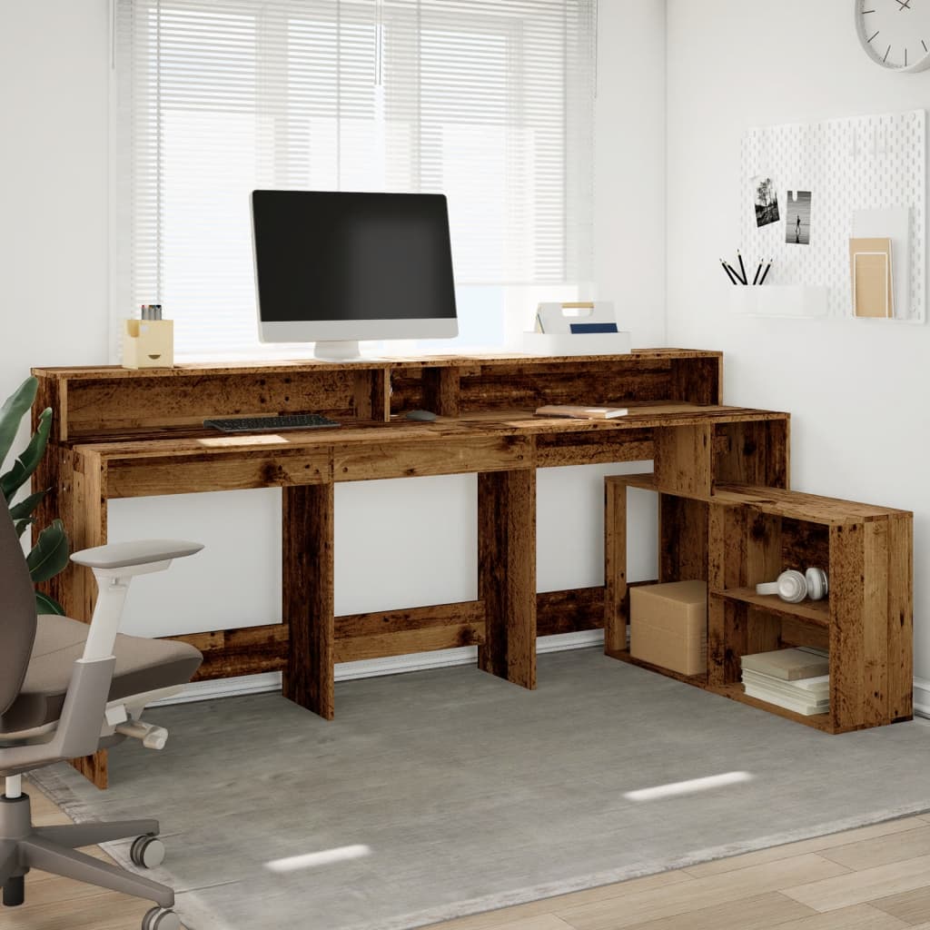 Rustic Engineered Wood Desk with LED Lights, 200x104x91 cm